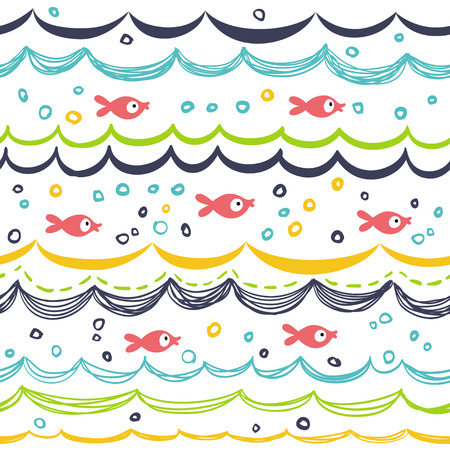 Seamless pattern with abstract horizontal stripes and fish.のイラスト素材