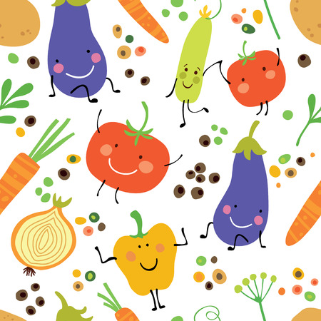 Seamless pattern with fresh vegetables: tomato, potatoes, eggplant, onion, sweet pepper and spices.のイラスト素材