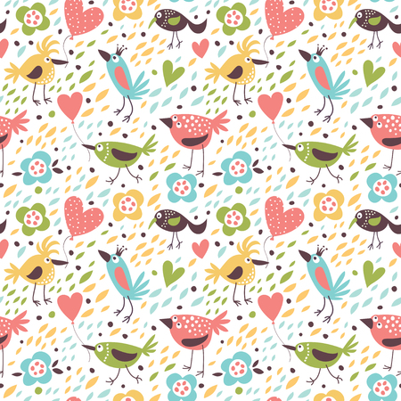Seamless vector pattern with cute birds, balloons, hearts.のイラスト素材