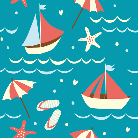 Seamless background with ships, starfish, slippers and umbrella.のイラスト素材