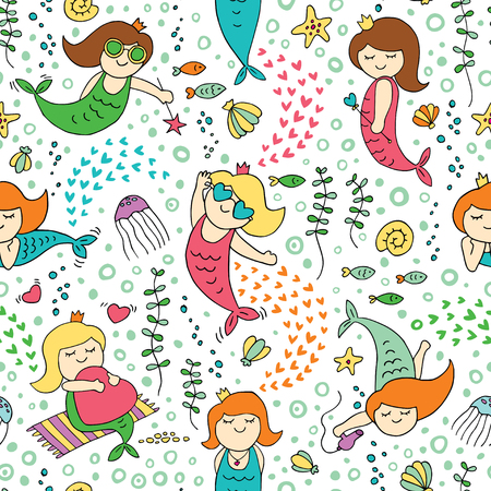 Seamless pattern with cute cartoon mermaids.のイラスト素材