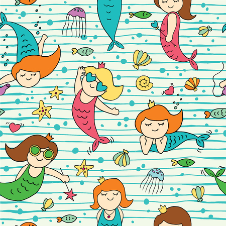 Seamless vector pattern with mermaids on striped background.のイラスト素材