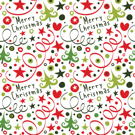 Merry Christmas. Seamless pattern with fir trees, serpentine and confetti.のイラスト素材