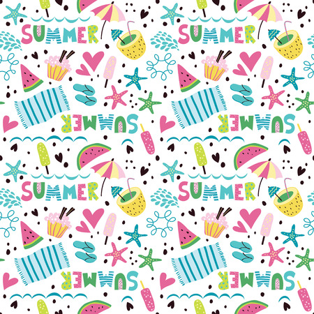 Summer pattern with cocktails, ice cream, beach umbrella, flip flops, watermelon and starfish....