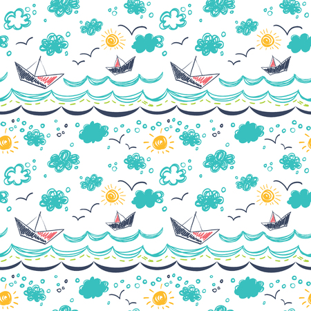 Seamless pattern in the concept of children's drawings. Seamless pattern with ships, fish, sun, clouds, sea and waves.のイラスト素材