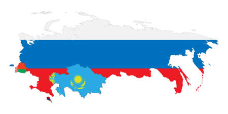 Vector illustration. Schematic map of the member states of Eurasian Economic Union (EAU). National flags  Russia, Belarus, Kazakhstan and Armenia. Isolated on white background.のイラスト素材