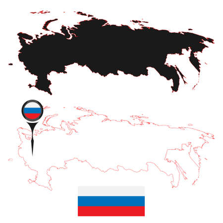 Vector illustration. Dark silhouette map of the Russian Federation and marker for map wish flag of Russia. Isolated on white background.のイラスト素材