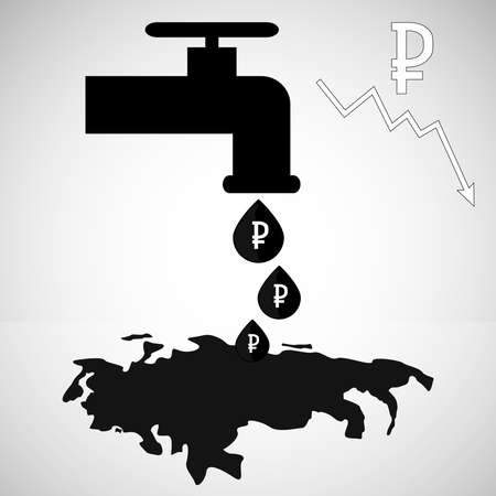 Vector illustration. Oil dripping from a faucet and forms a puddle. Oil slick like a silhouette map of the Russian Federation. Sign of the Russian ruble in a drop of oil. Exchange rate ruble.のイラスト素材