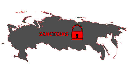 Vector illustration. Dark silhouette map of the Russian Federation under lock with the word sanctions. Isolated on white background.のイラスト素材