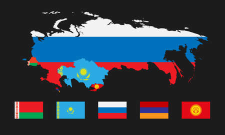 Vector illustration. Template for infographics. Schematic map of the member states of the Eurasian Economic Union. Flags Belarus, Kazakhstan, Russia, Armenia and joining Kyrgyzstan.のイラスト素材