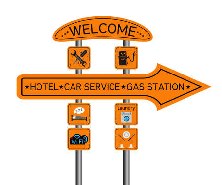 Character set of pointers roadside hotel, gas station, auto service. Vector.のイラスト素材