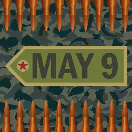 Vector illustration to the day of victory. Military rank with the inscription May 9 on camouflage background with cartridges.のイラスト素材