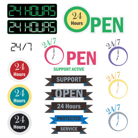 Set of graphic vector illustration 24 hours timers, around-the-clock, day-and-night interface icon. Collection of icons on work with the client.のイラスト素材