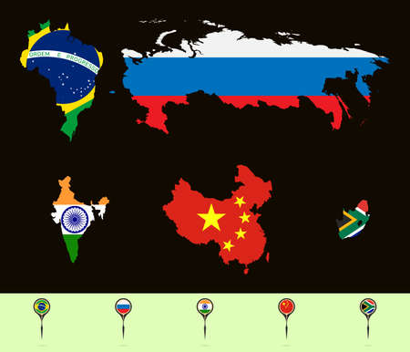 Vector illustration.  Silhouette maps with flags  BRICS (Brazil, Russia, India, China, South Africa). Set creative markers with flags of states of the BRICS.のイラスト素材