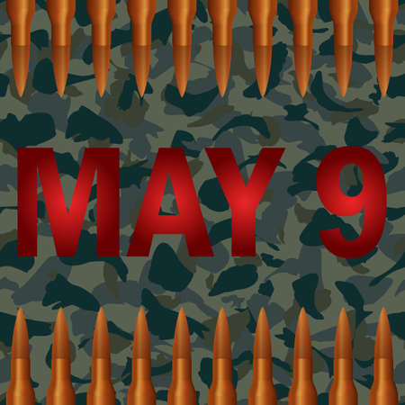 Vector illustration to Victory Day. The inscription May 9 on camouflage background with cartridges.のイラスト素材