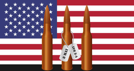Vector illustration to the V-E Day. Cartridges with a soldier medallion on a background of the US flag.のイラスト素材