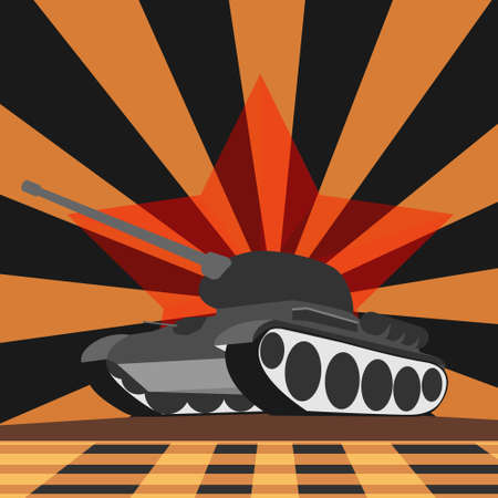 Vector illustration. Red Star and the tank from World War II on the background of rays in colors...