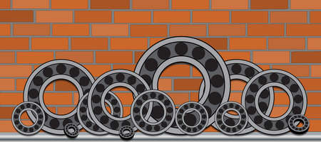 A series of bearings of different diameters on the brick wall background.のイラスト素材