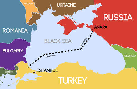 Vector illustration. Schematic map of the underwater pipeline in the Black Sea. Gas pipeline from Russia to Turkey.のイラスト素材