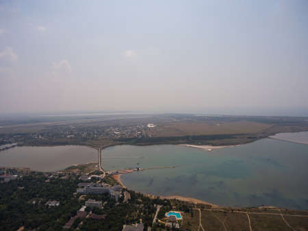 Top view of the lake, separated by an isthmus. Crimea, Russia.の写真素材
