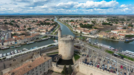 Aerial view of the tower of Constance in Aigues Mortes, Provence, France.のeditorial素材