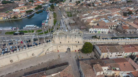 Aerial view of the main gate in ancient medieval city of Aigues-Mortes. France.の写真素材
