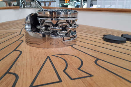New windlass for anchoring on the deck of a sailing yacht.