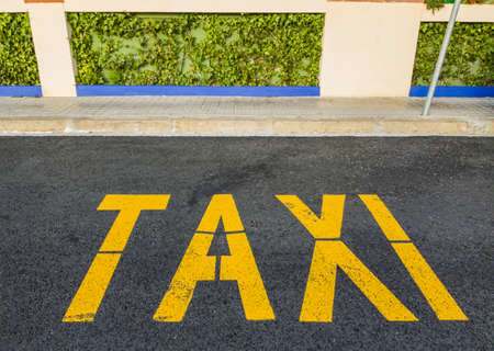The taxi sign is painted on the asphalt at the side of the road.の写真素材