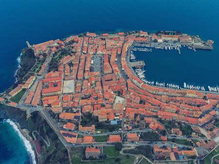 Air view of the port and the city centre of Portoferraio. The Island Elba, Italy. Toned picture.