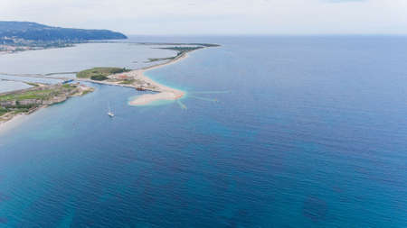 Aerial view of the yacht returning from the sea to Lefkada, Greece.の写真素材