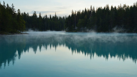 Lake in the forest in the morning, Kootenay, British Columbia, Canadaの素材