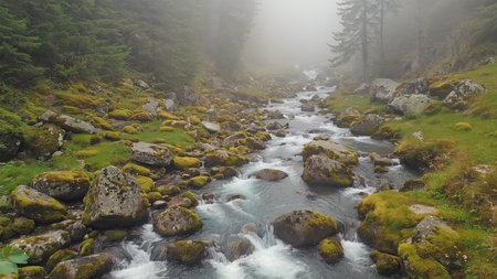 Foggy mountain stream in the Carpathian Mountains, Ukraineの素材