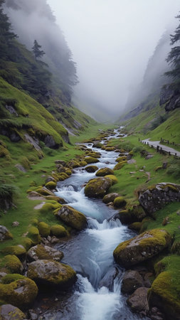 Mountain stream in the foggy morning. Beautiful mountain landscape.の素材