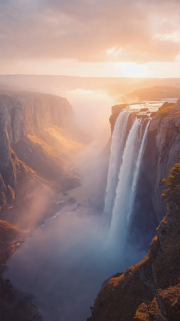 Hjalparfoss waterfall in Iceland, at sunrise.の素材