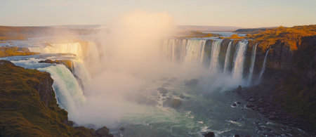 Panoramic view of Godafoss waterfall in Iceland at sunriseの素材