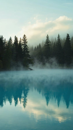 Lake in the mountains with fog and trees in the foreground and a reflection in the waterの素材