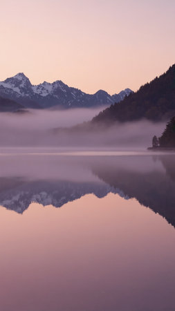 Alpine lake in the mist at sunrise with reflection in the waterの素材
