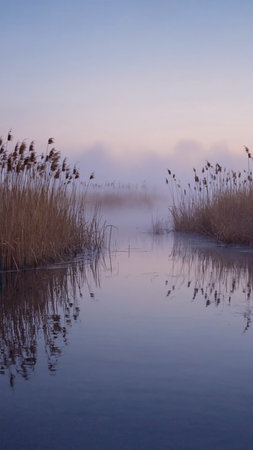 Morning fog over the lake with reeds in the foreground, Hollandの素材
