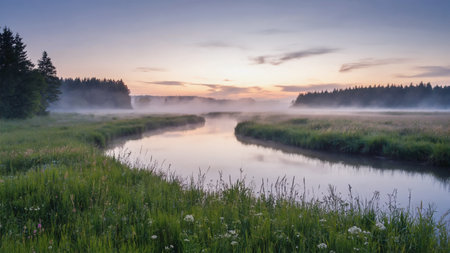 Panorama of a misty river in the summer at sunrise.の素材