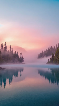 Mountain lake in the morning mist, Canadian Rockies, Alberta, Canadaの素材