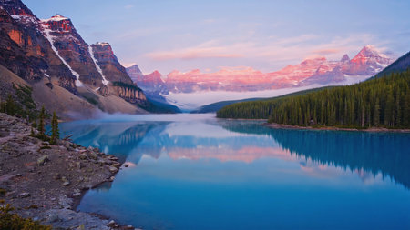 Moraine Lake at sunrise, Banff National Park, Alberta, Canadaの素材