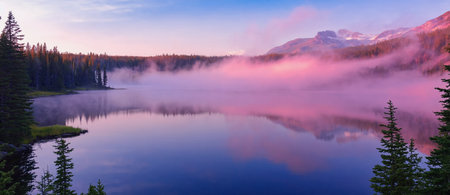Mountain lake with mist in Banff National Park, Alberta, Canadaの素材