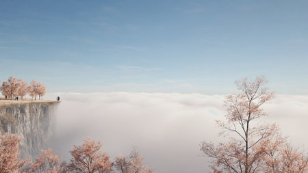 Panoramic view of misty landscape with trees and clouds.の素材