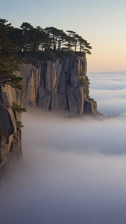 Pine trees on the cliff above the sea of fog at sunriseの素材