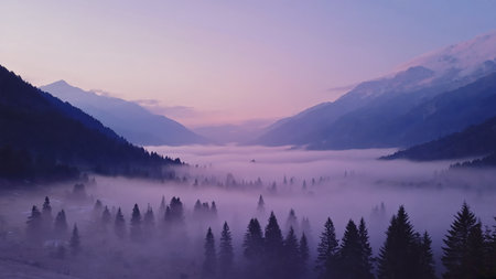 Foggy sunrise in the mountains. Panoramic view.の素材
