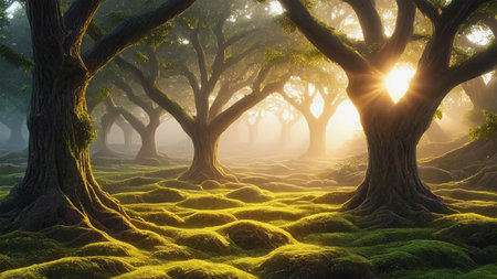 Fantasy landscape with old oak trees. 3d render illustration.の素材