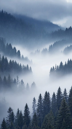 Foggy landscape in the Carpathian Mountains, Ukraine.の素材