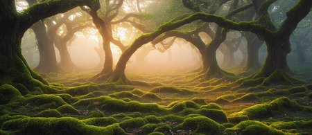Beautiful fantasy forest with old trees and moss. 3d renderの素材