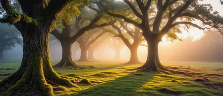 Old oak trees in misty forest at sunrise. 3D renderingの素材
