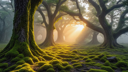 Fantasy forest with old oak trees and moss in the morning.の素材